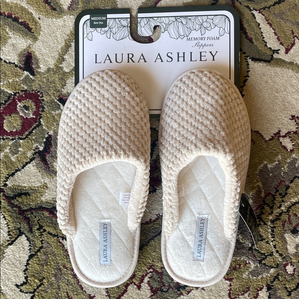 Laura Ashley Textured Plush Cream Memory Foam Slippers